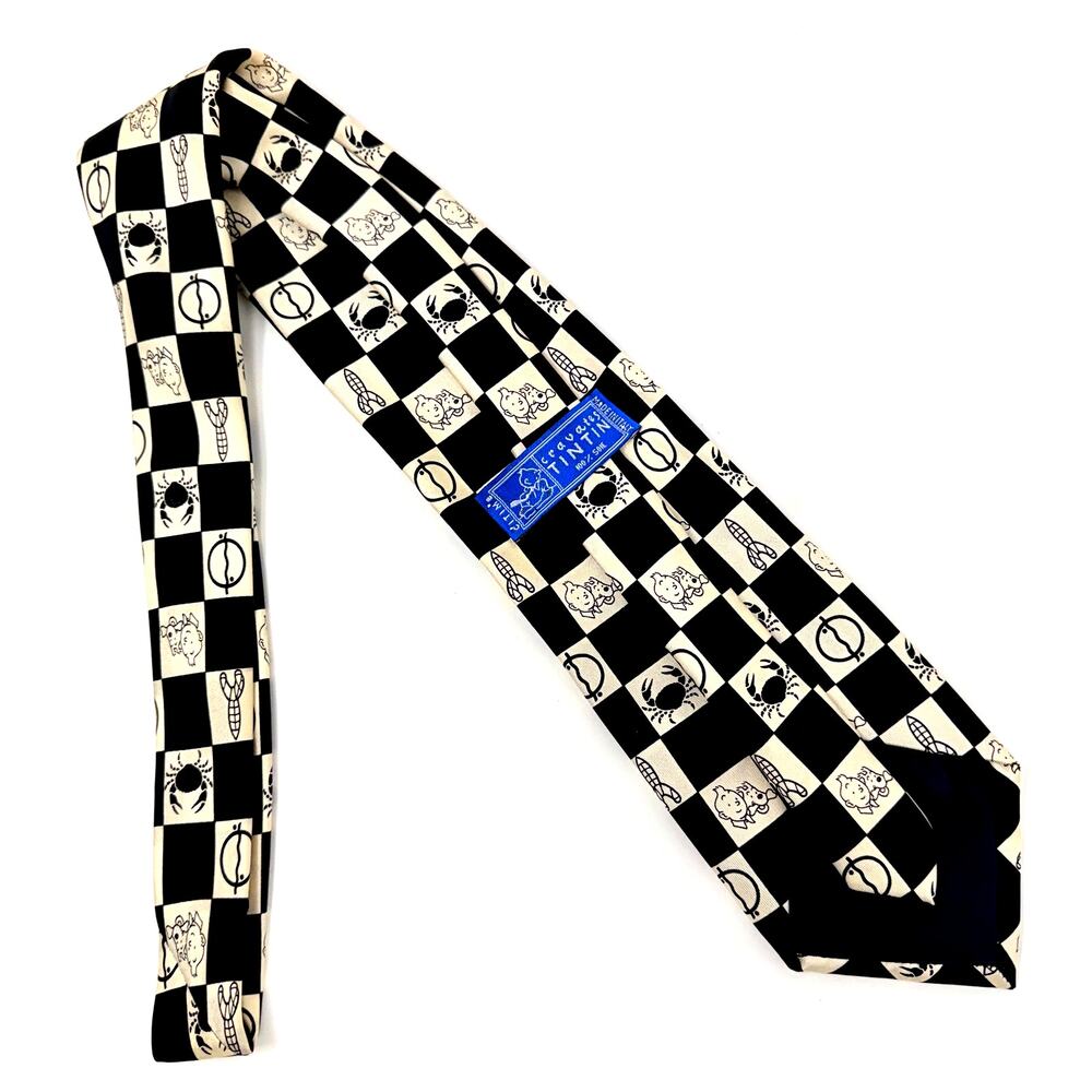 Cravates Tintin Neck Tie Silk Checked Black Cream Snowy Rocket Crab Italy Wide
